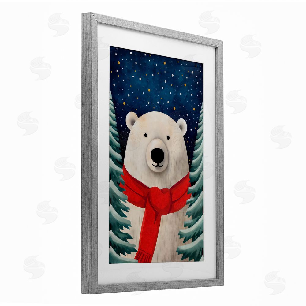 The Dutch Lady Merry Polar Bear with Scarf Gray Framed Print Under Glass with White Mat Wall Art