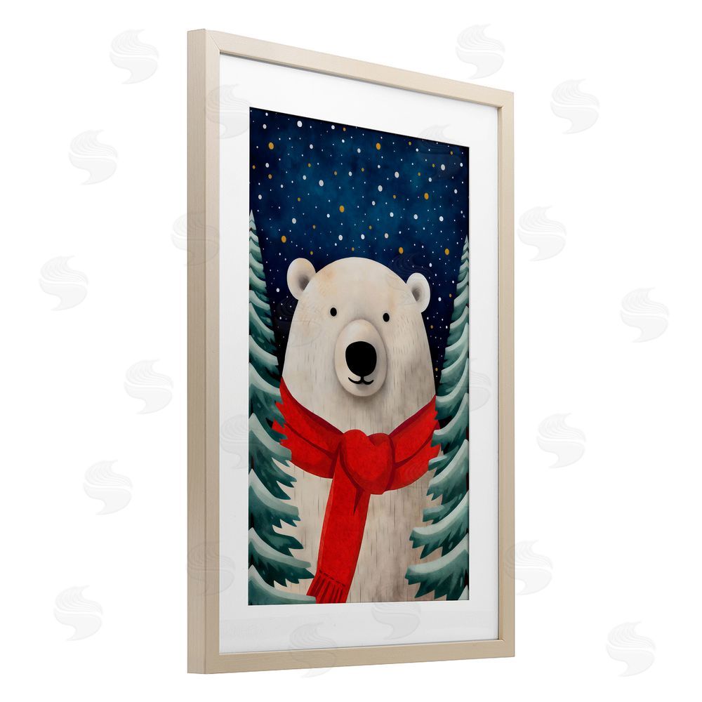 The Dutch Lady Merry Polar Bear with Scarf Birch Framed Print Under Glass with White Mat Wall Art