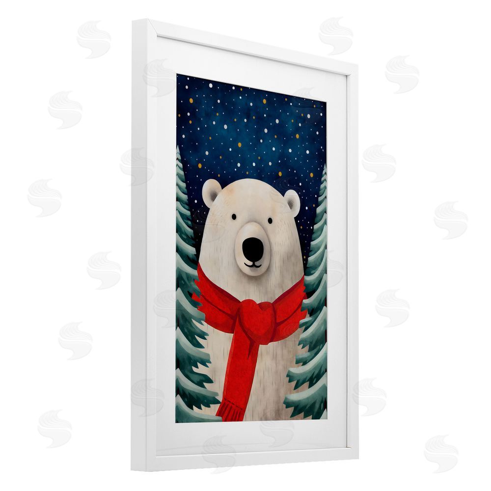 The Dutch Lady Merry Polar Bear with Scarf White Framed Print Under Glass with Mat Wall Art