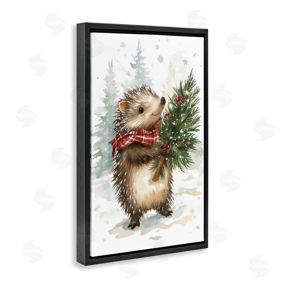 Petal Prints Design Christmas Hedgehog & Pine Black Floating Frame Canvas Wall Art Print