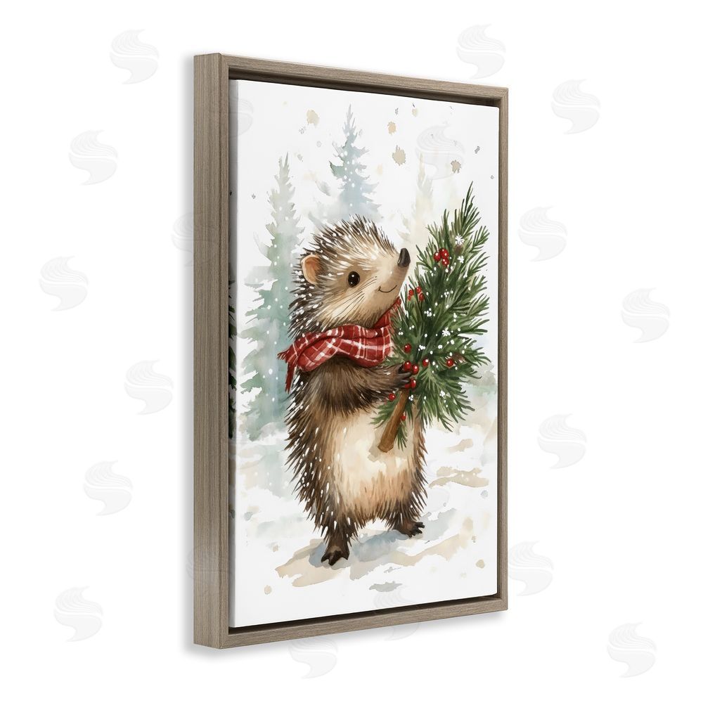 Petal Prints Design Christmas Hedgehog & Pine Brown Floating Frame Canvas Wall Art Print