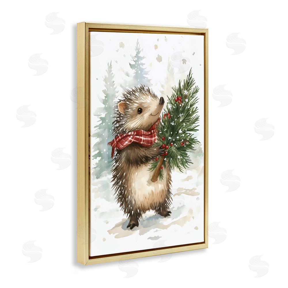 Petal Prints Design Christmas Hedgehog & Pine Gold Floating Frame Canvas Wall Art Print