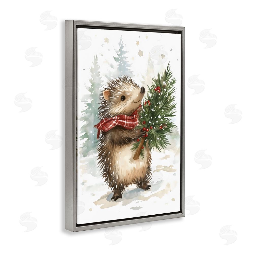 Petal Prints Design Christmas Hedgehog & Pine Gray Floating Frame Canvas Wall Art Print