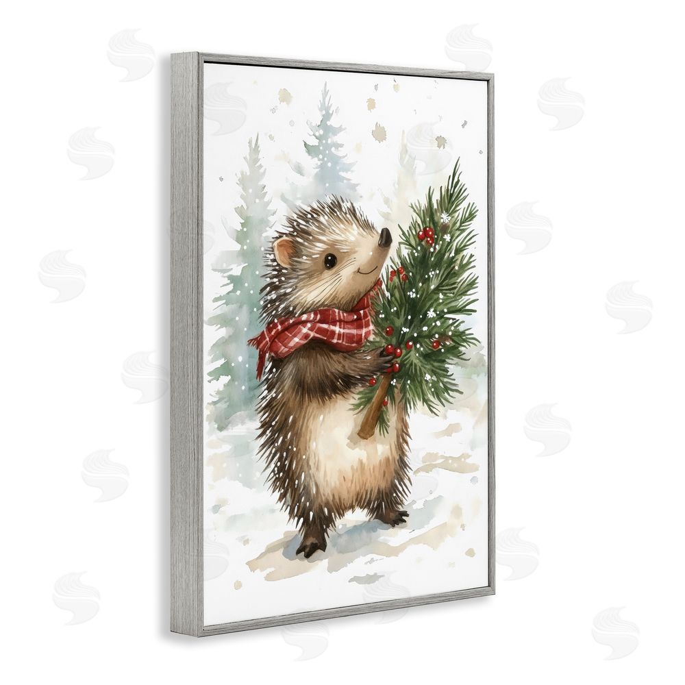 Petal Prints Design Christmas Hedgehog & Pine Gray Framed Giclee Wall Art Print