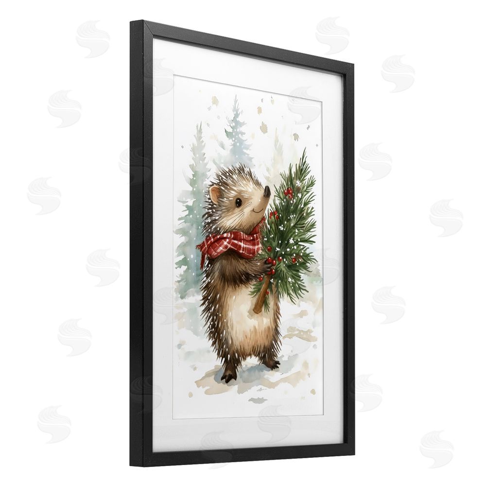 Petal Prints Design Christmas Hedgehog & Pine Black Framed Print Under Glass with White Mat Wall Art