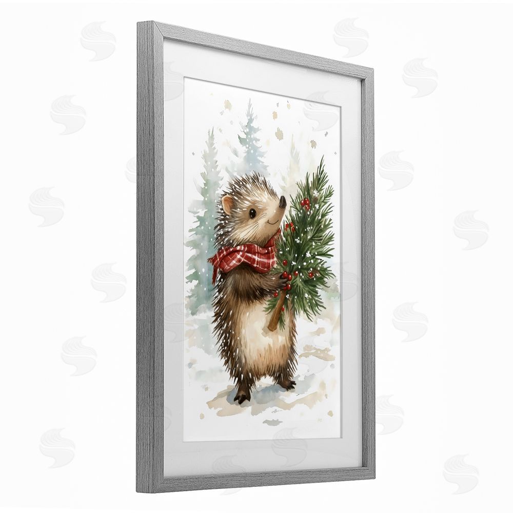Petal Prints Design Christmas Hedgehog & Pine Gray Framed Print Under Glass with White Mat Wall Art