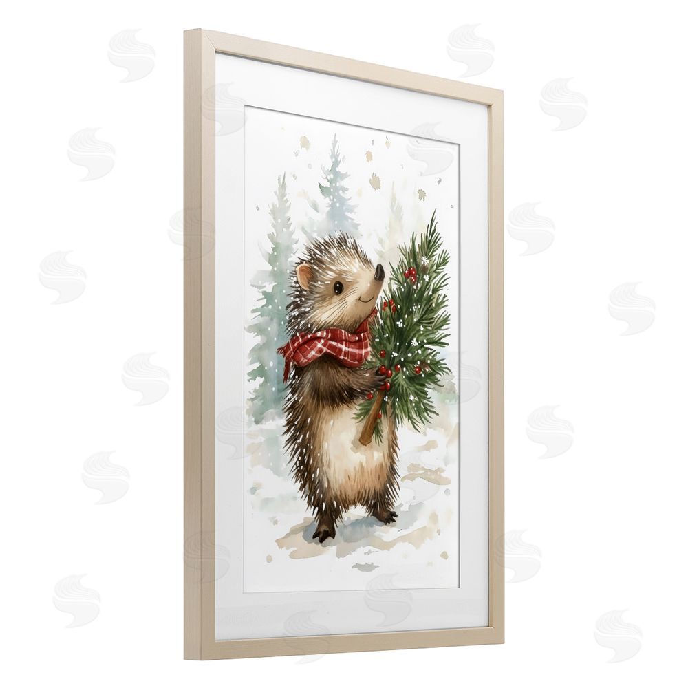Petal Prints Design Christmas Hedgehog & Pine Birch Framed Print Under Glass with White Mat Wall Art
