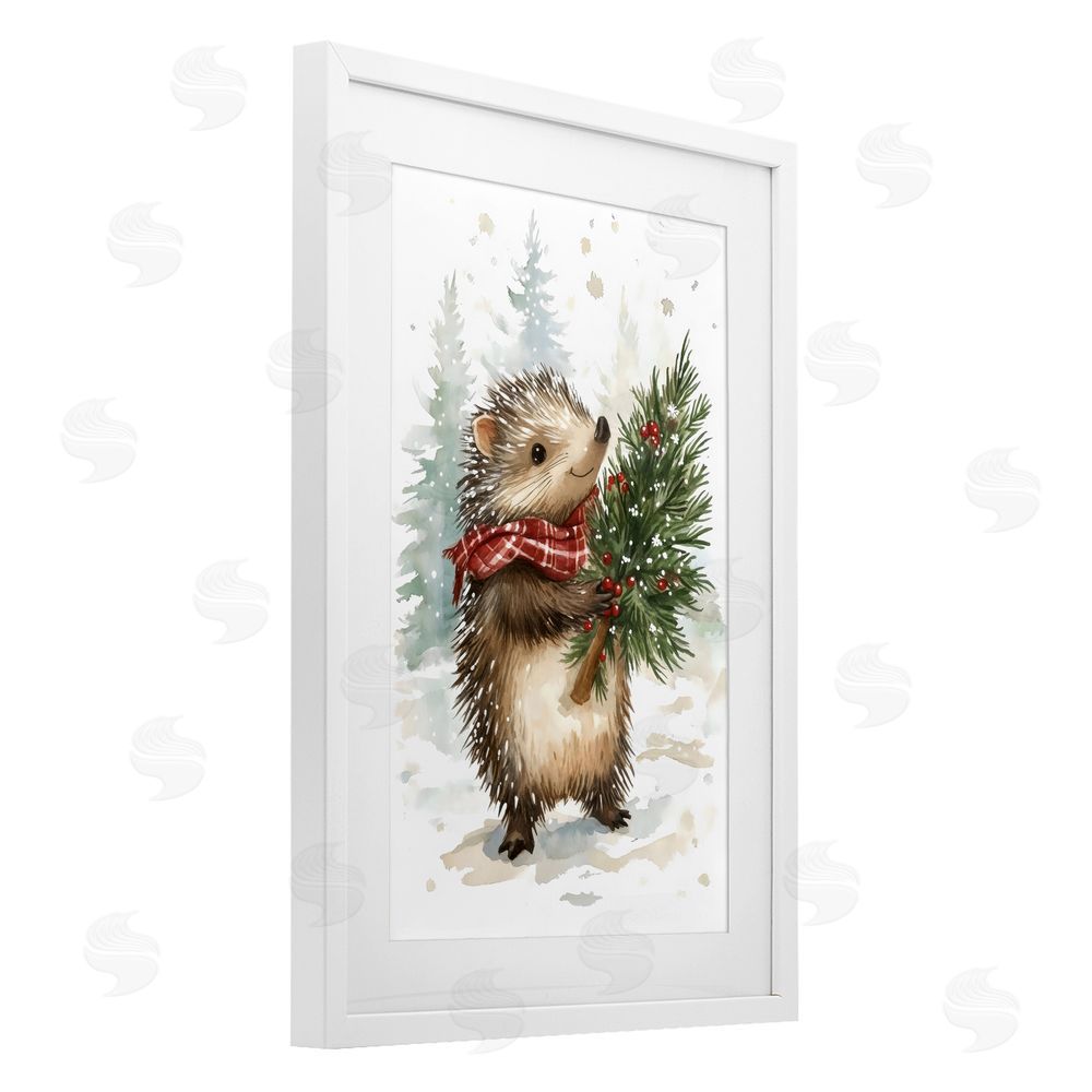Petal Prints Design Christmas Hedgehog & Pine White Framed Print Under Glass with Mat Wall Art