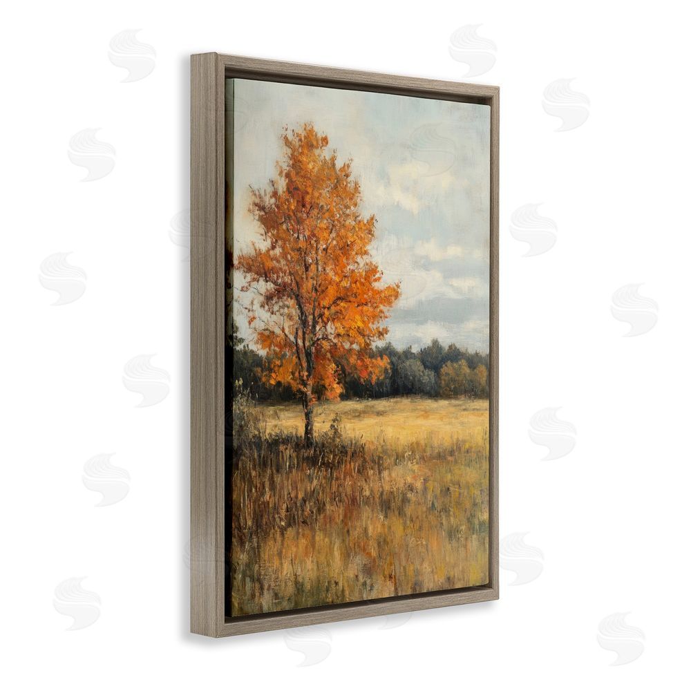 Petal Prints Design Orange Tree Landscape Brown Floating Frame Canvas Wall Art Print