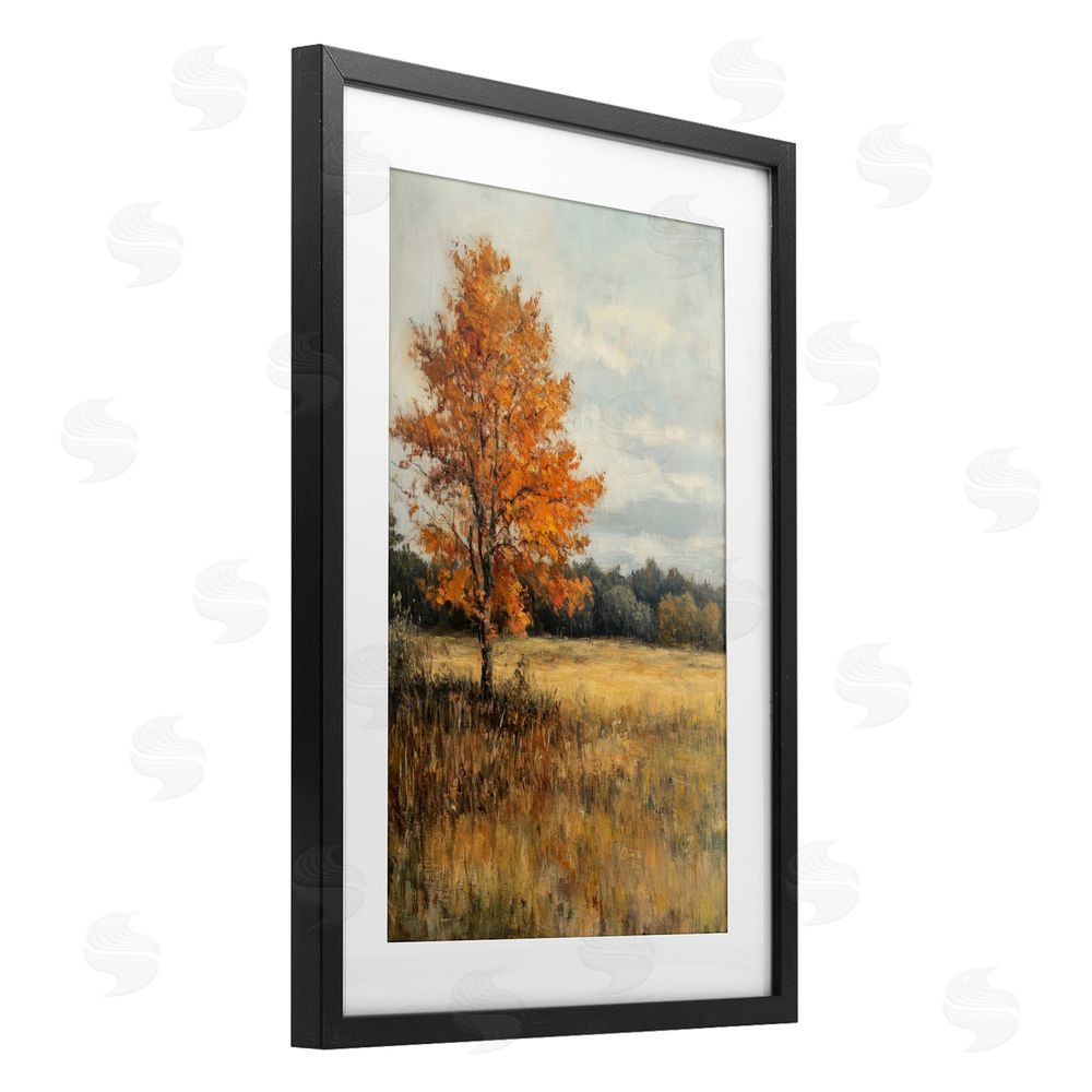 Petal Prints Design Orange Tree Landscape Black Framed Print Under Glass with White Mat Wall Art