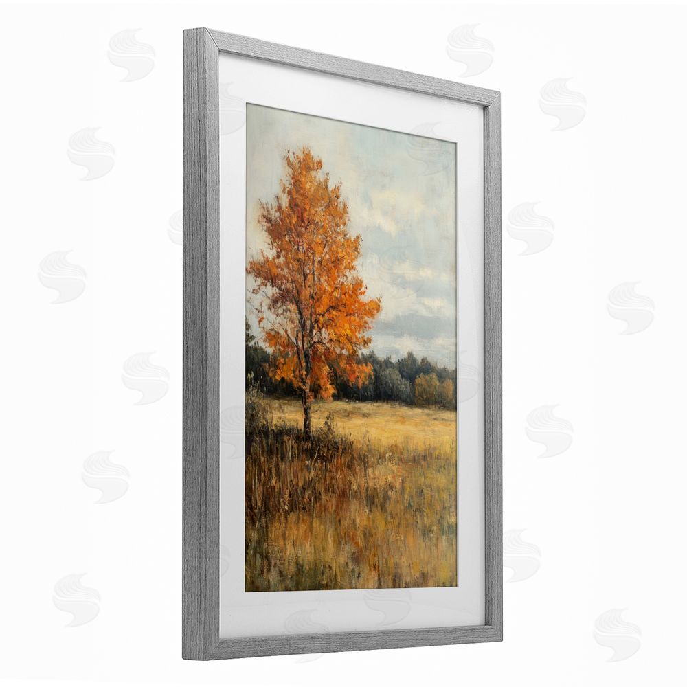 Petal Prints Design Orange Tree Landscape Gray Framed Print Under Glass with White Mat Wall Art