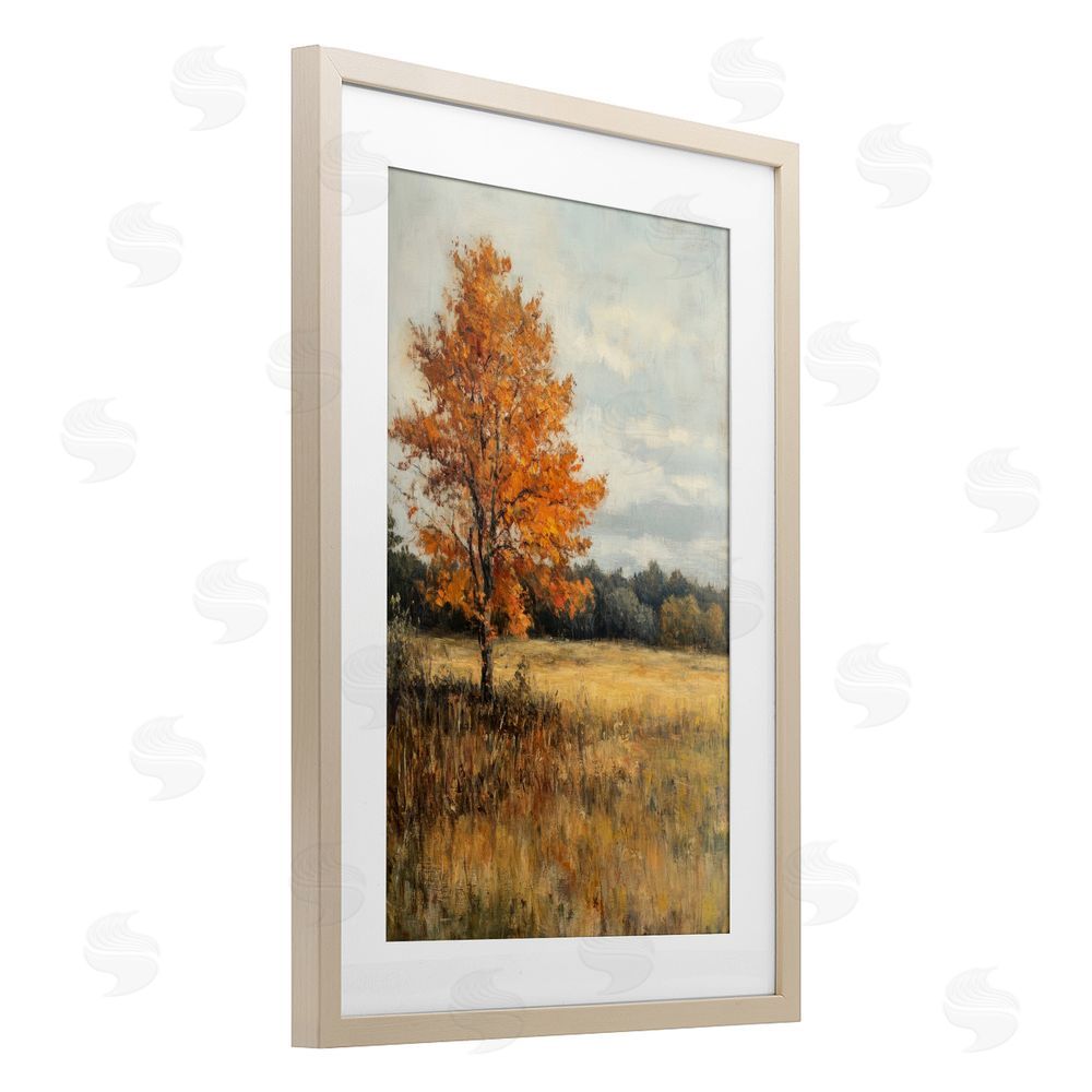 Petal Prints Design Orange Tree Landscape Birch Framed Print Under Glass with White Mat Wall Art