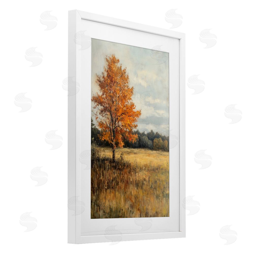Petal Prints Design Orange Tree Landscape White Framed Print Under Glass with Mat Wall Art