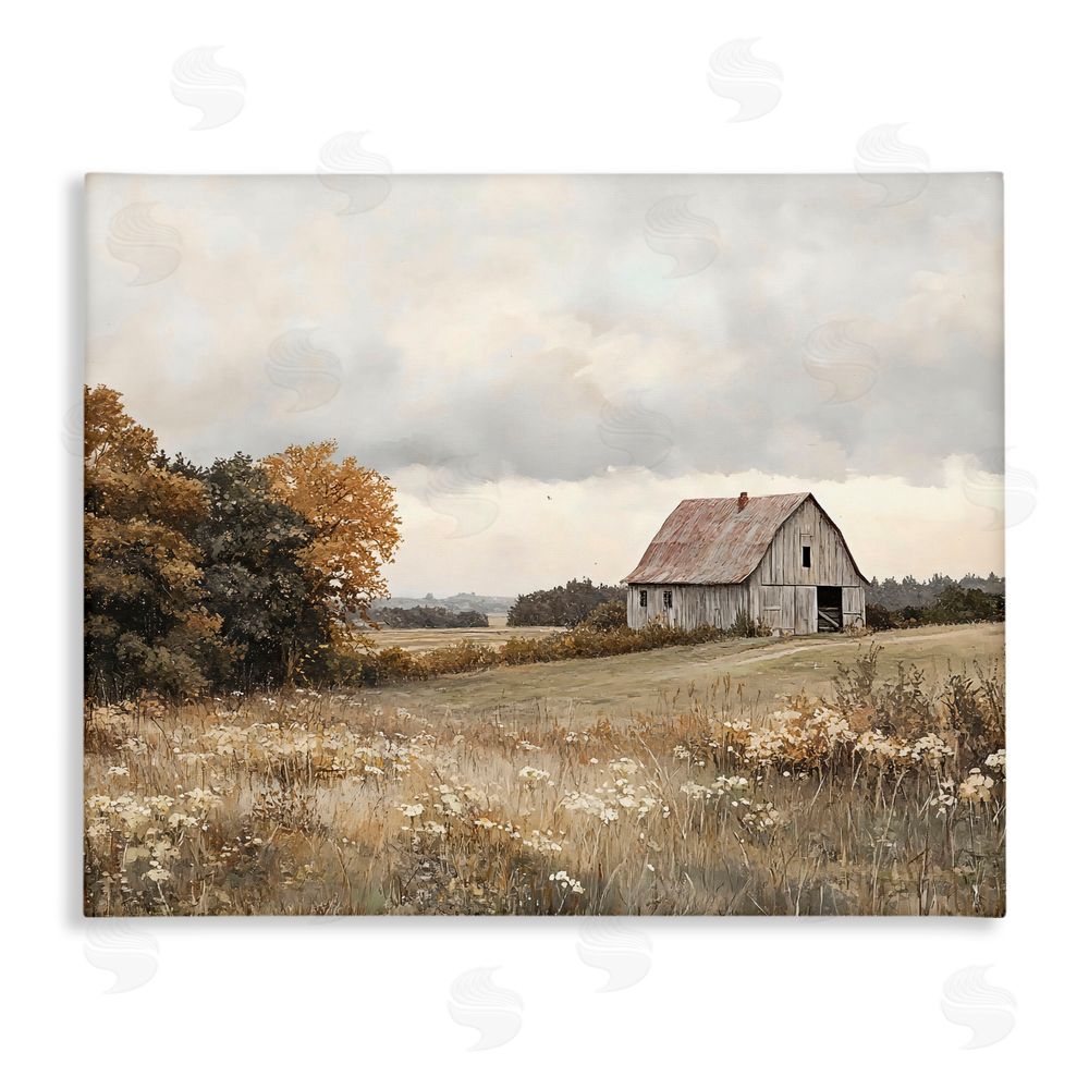 LSR Design Studio Muted Autumn Barn Meadow Canvas Wall Art Print