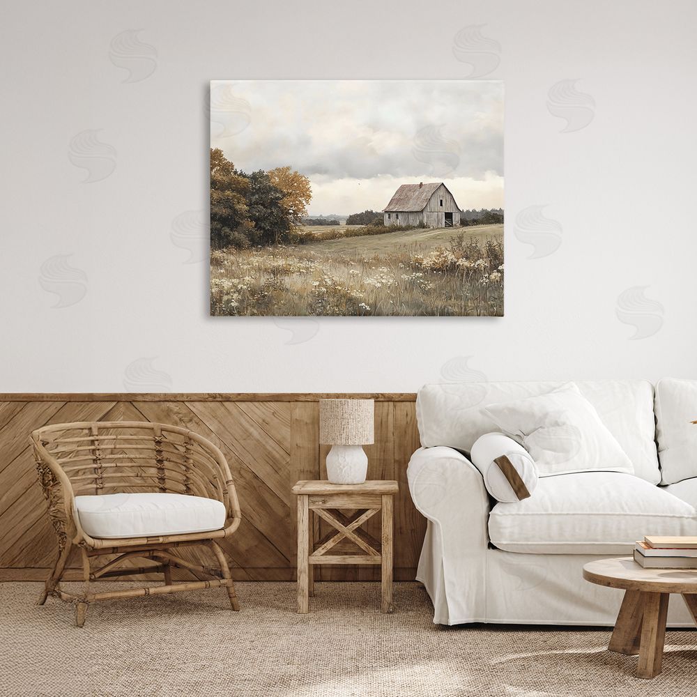 LSR Design Studio Muted Autumn Barn Meadow Canvas Art on Wall