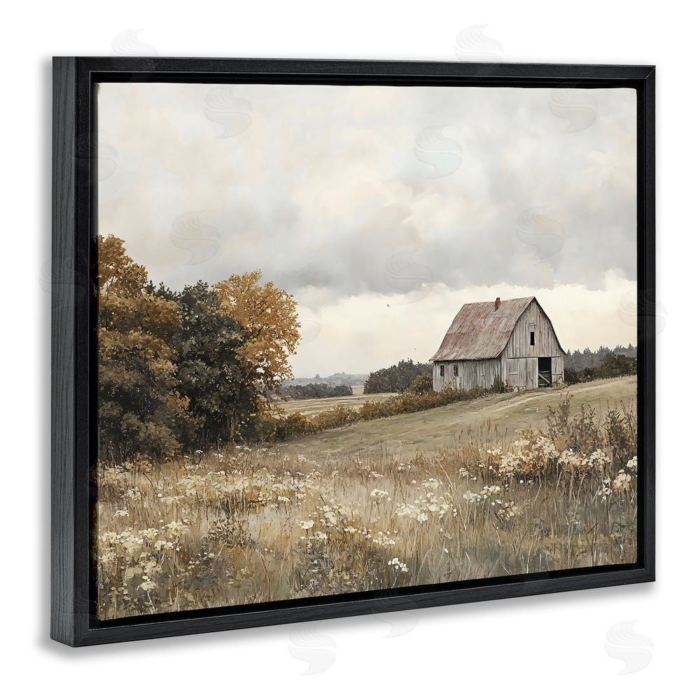 LSR Design Studio Muted Autumn Barn Meadow Black Floating Frame Canvas Wall Art Print
