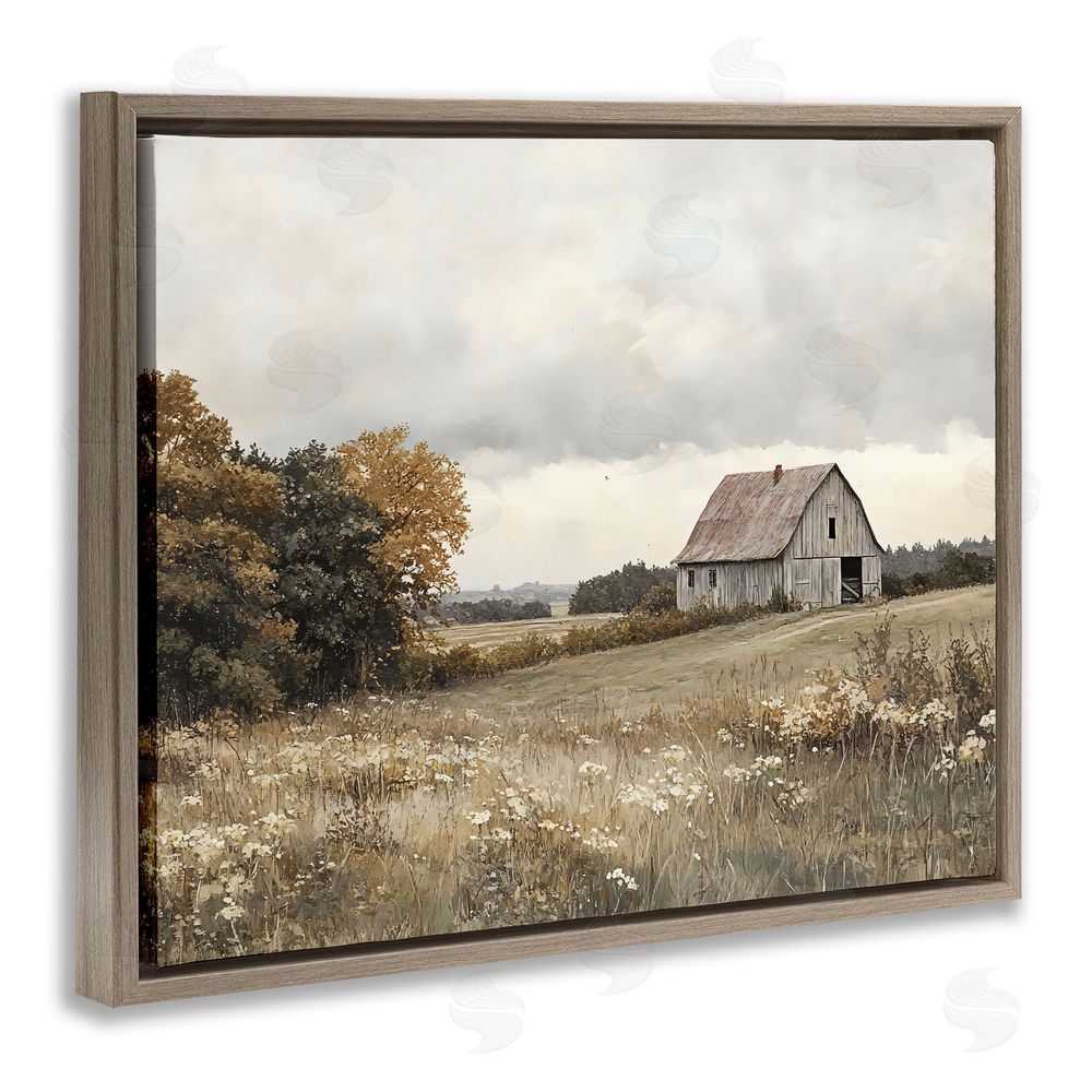 LSR Design Studio Muted Autumn Barn Meadow Brown Floating Frame Canvas Wall Art Print