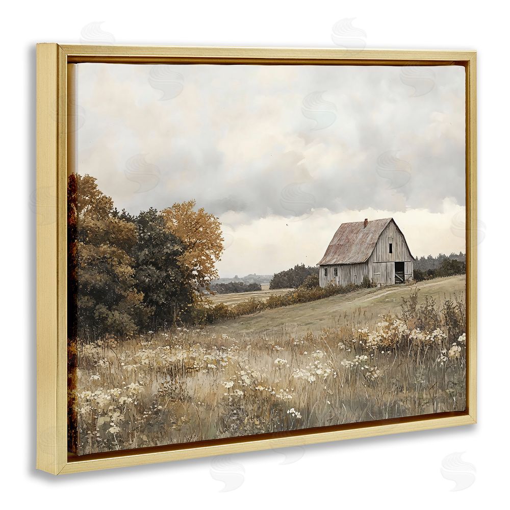 LSR Design Studio Muted Autumn Barn Meadow Gold Floating Frame Canvas Wall Art Print