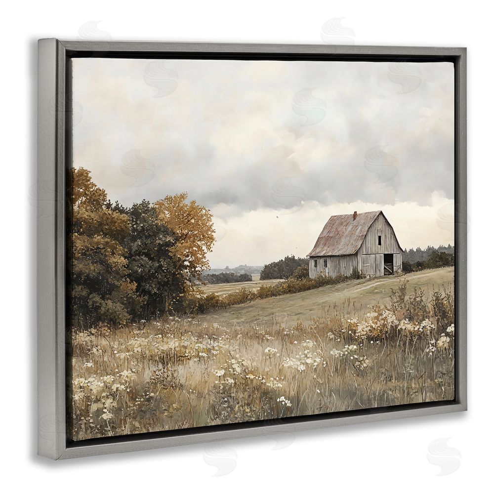 LSR Design Studio Muted Autumn Barn Meadow Gray Floating Frame Canvas Wall Art Print