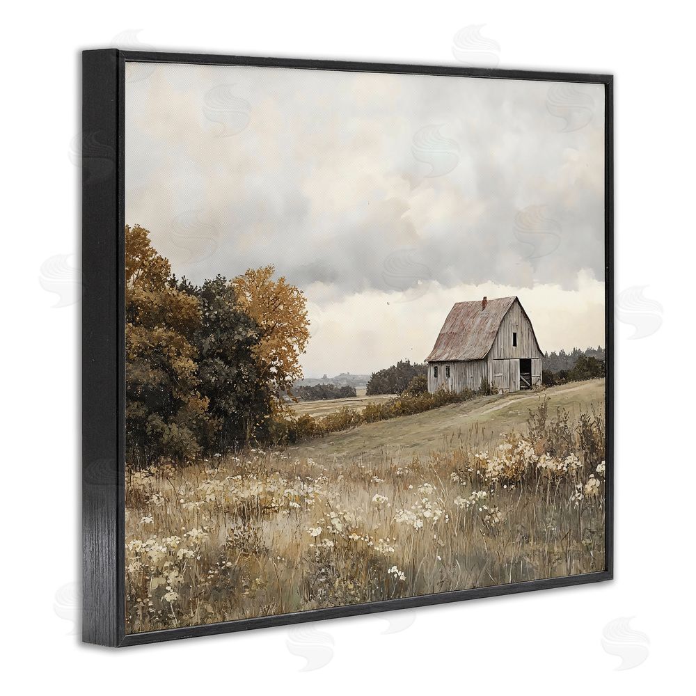 LSR Design Studio Muted Autumn Barn Meadow Black Framed Giclee Wall Art Print