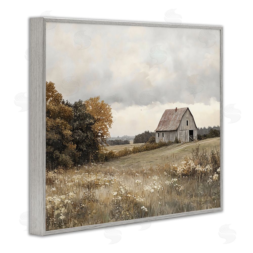 LSR Design Studio Muted Autumn Barn Meadow Gray Framed Giclee Wall Art Print
