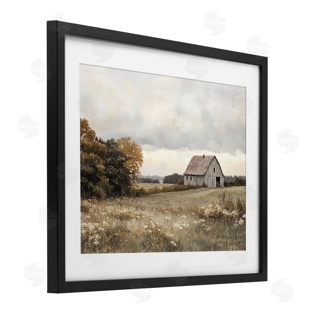 LSR Design Studio Muted Autumn Barn Meadow Black Framed Print Under Glass with White Mat Wall Art