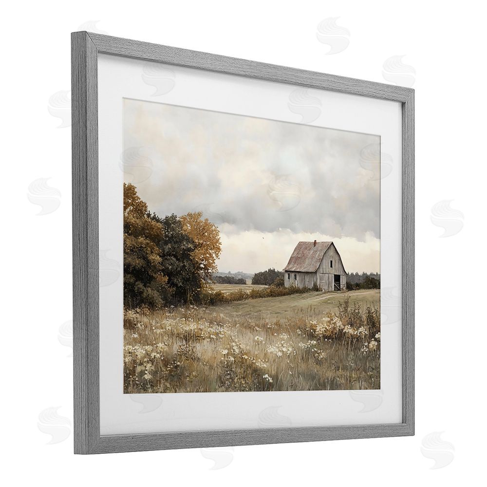 LSR Design Studio Muted Autumn Barn Meadow Gray Framed Print Under Glass with White Mat Wall Art
