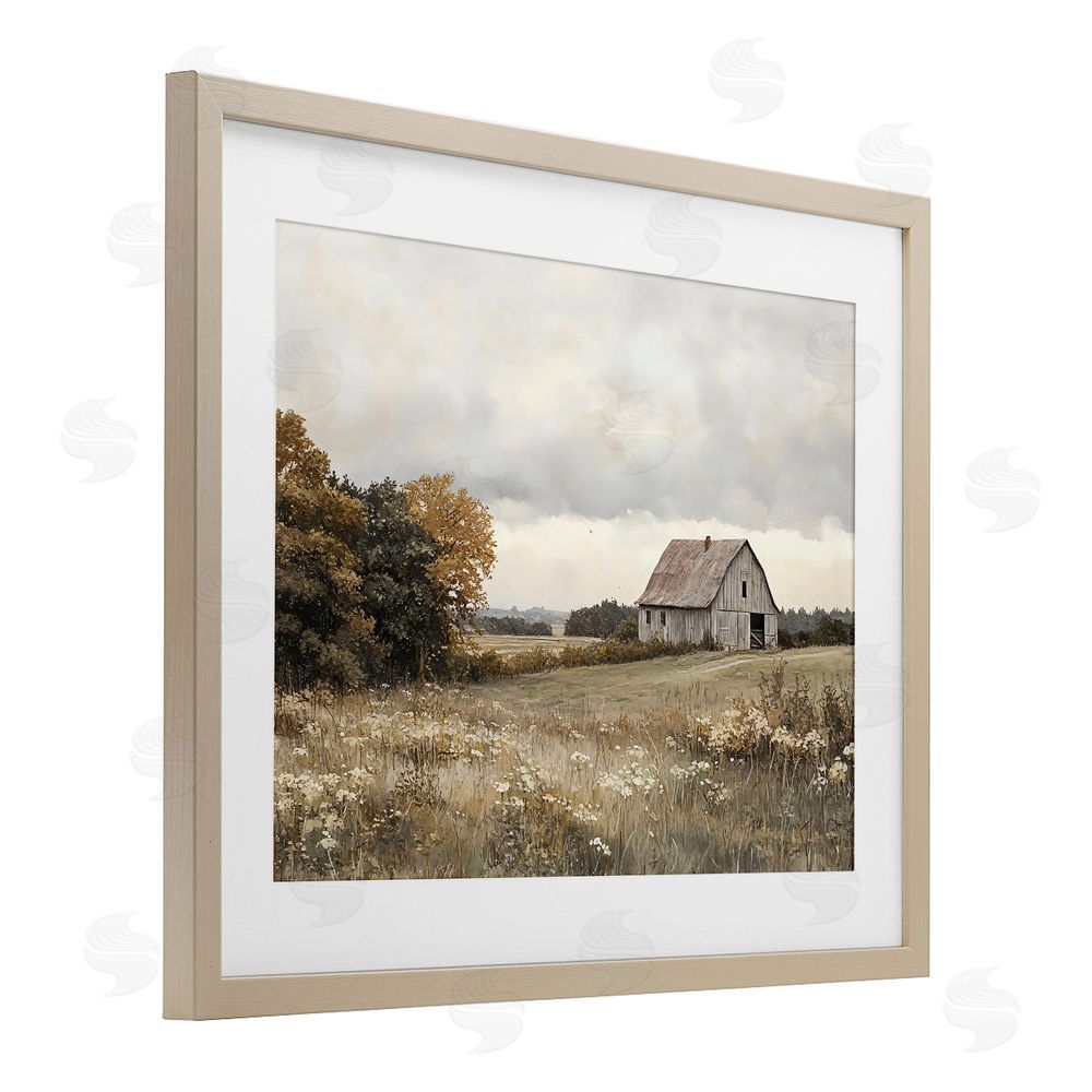 LSR Design Studio Muted Autumn Barn Meadow Birch Framed Print Under Glass with White Mat Wall Art