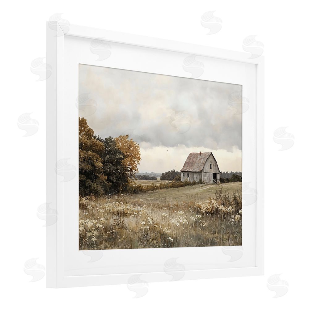 LSR Design Studio Muted Autumn Barn Meadow White Framed Print Under Glass with Mat Wall Art