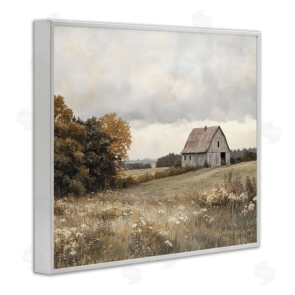 LSR Design Studio Muted Autumn Barn Meadow White Framed Giclee Wall Art Print