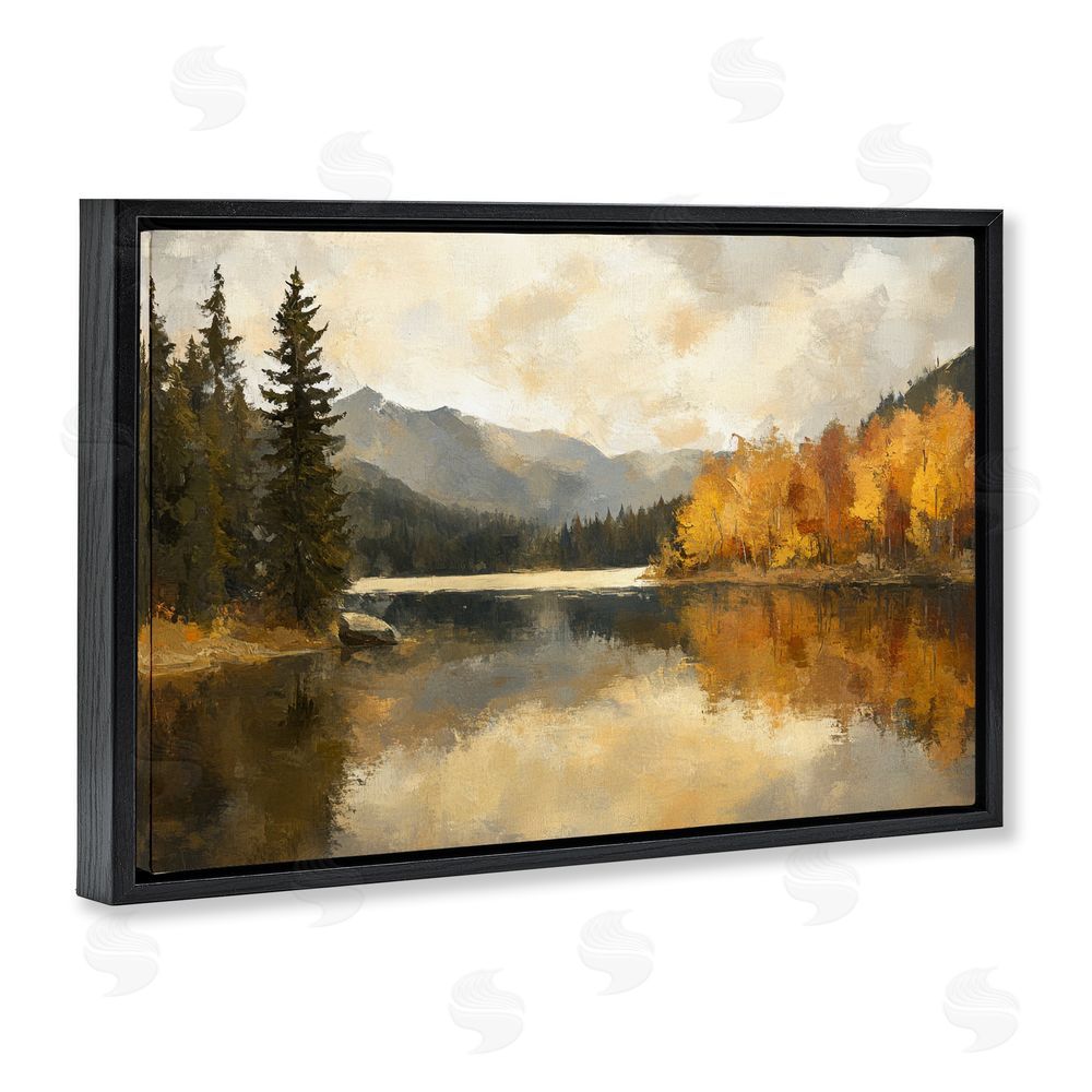 Petal Prints Design Peaceful Autumn River Scenery Black Floating Frame Canvas Wall Art Print