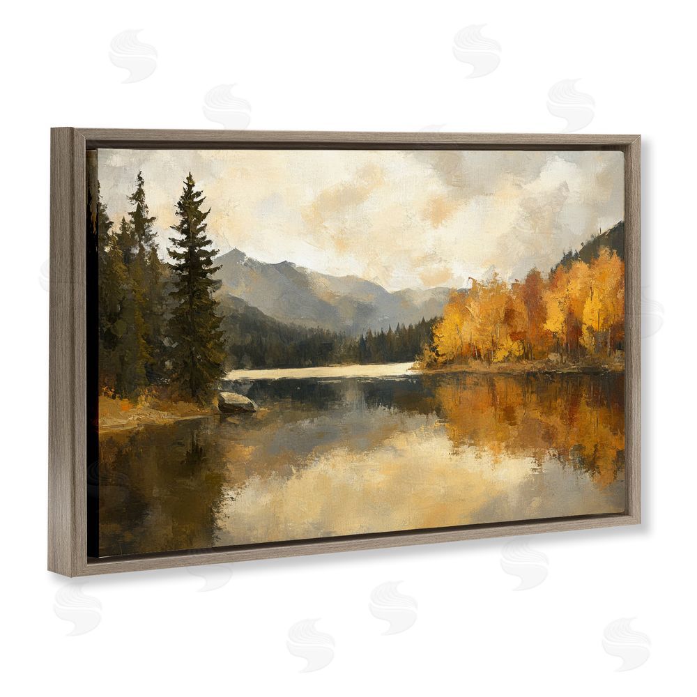 Petal Prints Design Peaceful Autumn River Scenery Brown Floating Frame Canvas Wall Art Print