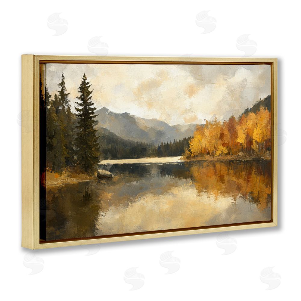 Petal Prints Design Peaceful Autumn River Scenery Gold Floating Frame Canvas Wall Art Print