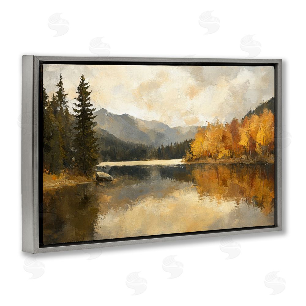 Petal Prints Design Peaceful Autumn River Scenery Gray Floating Frame Canvas Wall Art Print