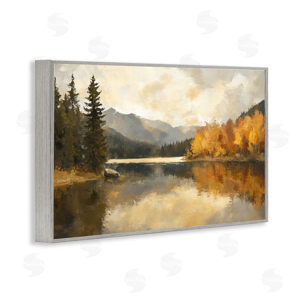 Petal Prints Design Peaceful Autumn River Scenery Gray Framed Giclee Wall Art Print