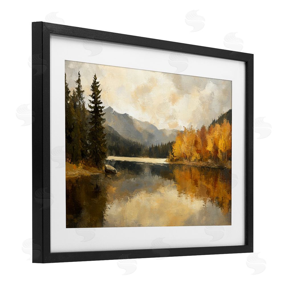 Petal Prints Design Peaceful Autumn River Scenery Black Framed Print Under Glass with White Mat Wall Art