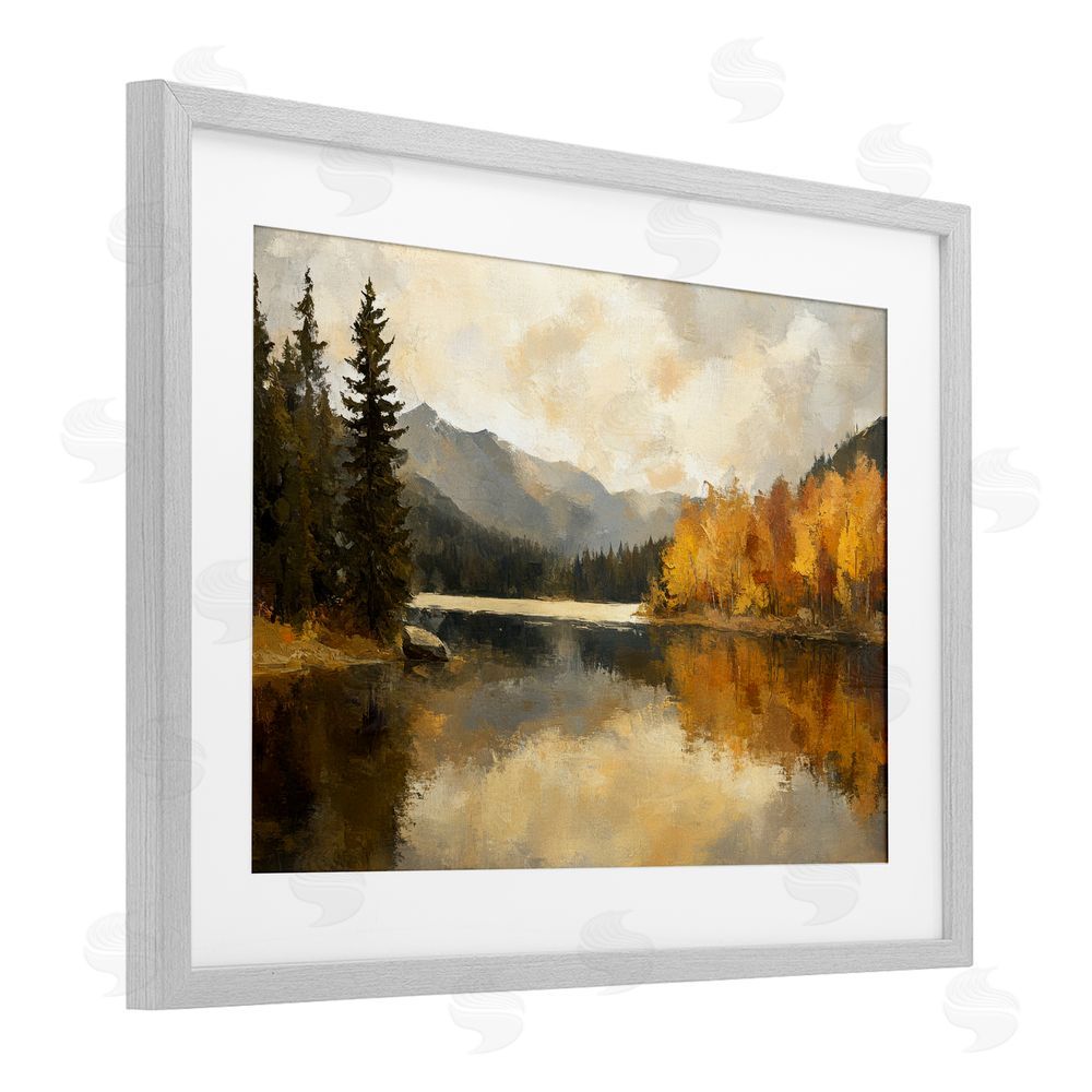 Petal Prints Design Peaceful Autumn River Scenery Gray Framed Print Under Glass with White Mat Wall Art