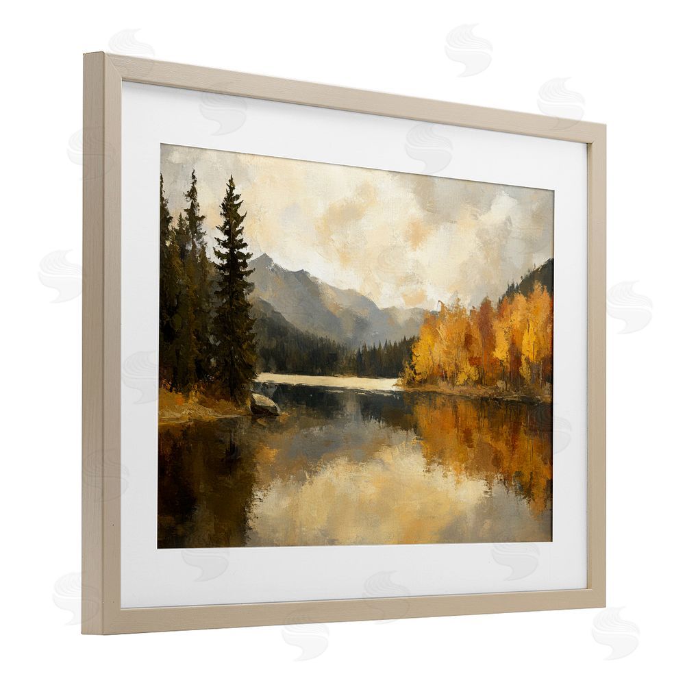 Petal Prints Design Peaceful Autumn River Scenery Birch Framed Print Under Glass with White Mat Wall Art