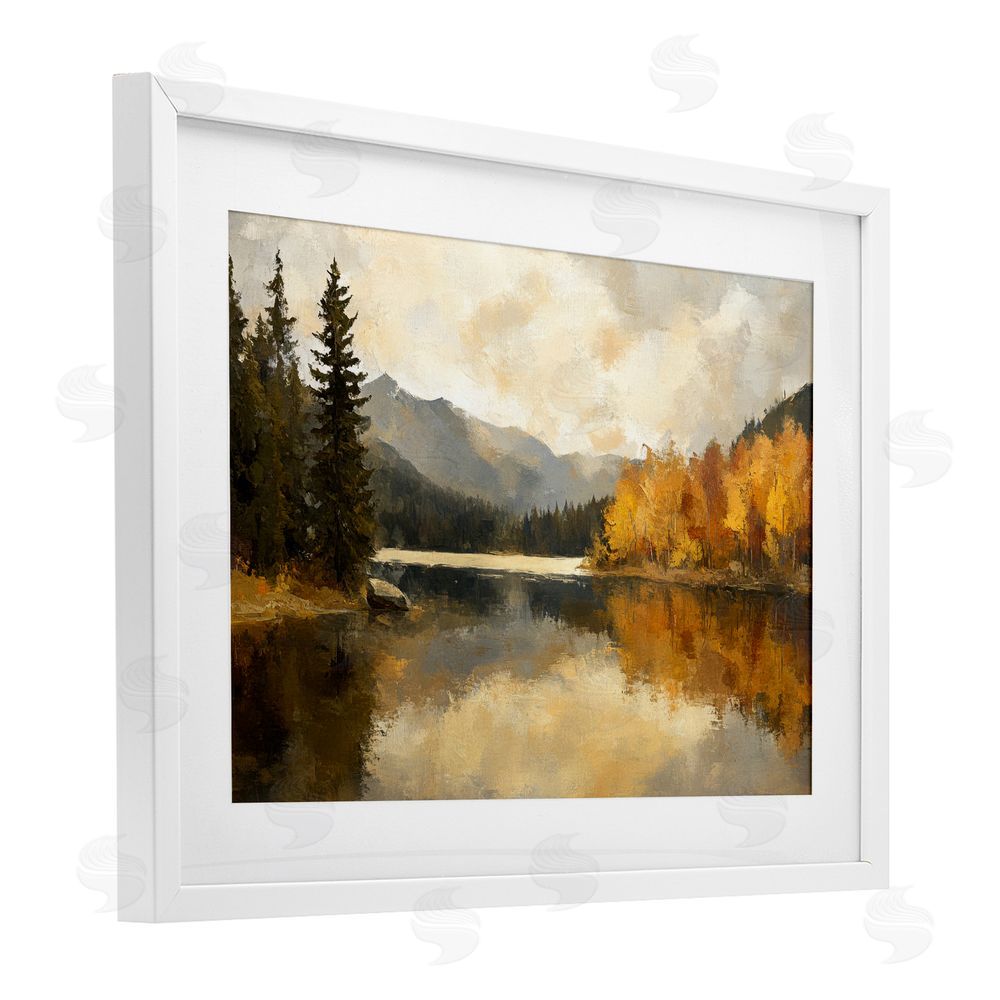 Petal Prints Design Peaceful Autumn River Scenery White Framed Print Under Glass with Mat Wall Art
