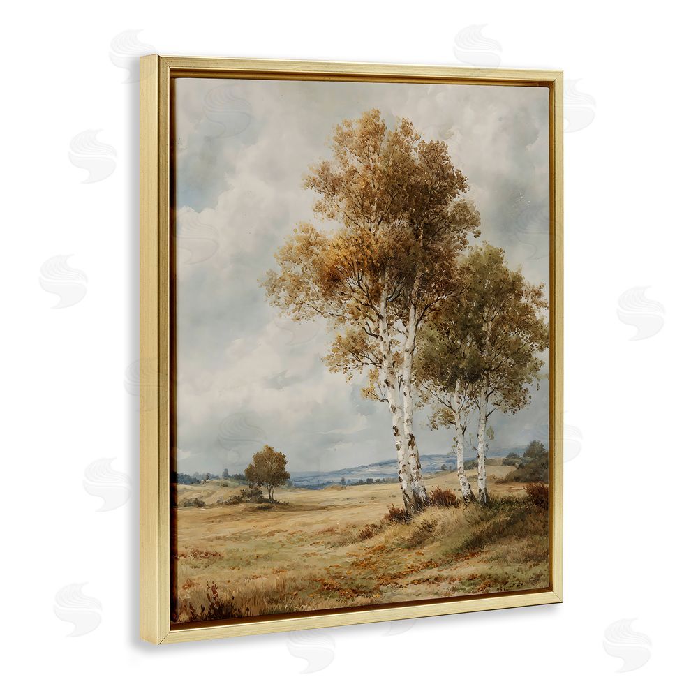 LSR Design Studio Autumn Countryside Birch Gold Floating Frame Canvas Wall Art Print