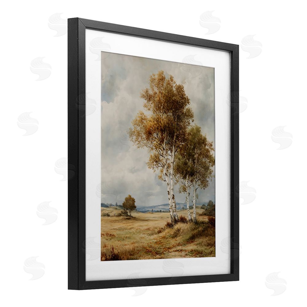 LSR Design Studio Autumn Countryside Birch Black Framed Print Under Glass with White Mat Wall Art