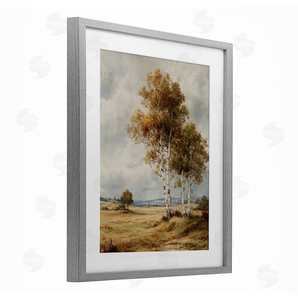 LSR Design Studio Autumn Countryside Birch Gray Framed Print Under Glass with White Mat Wall Art