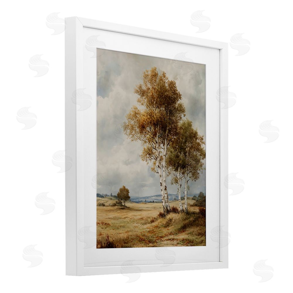 LSR Design Studio Autumn Countryside Birch White Framed Print Under Glass with Mat Wall Art