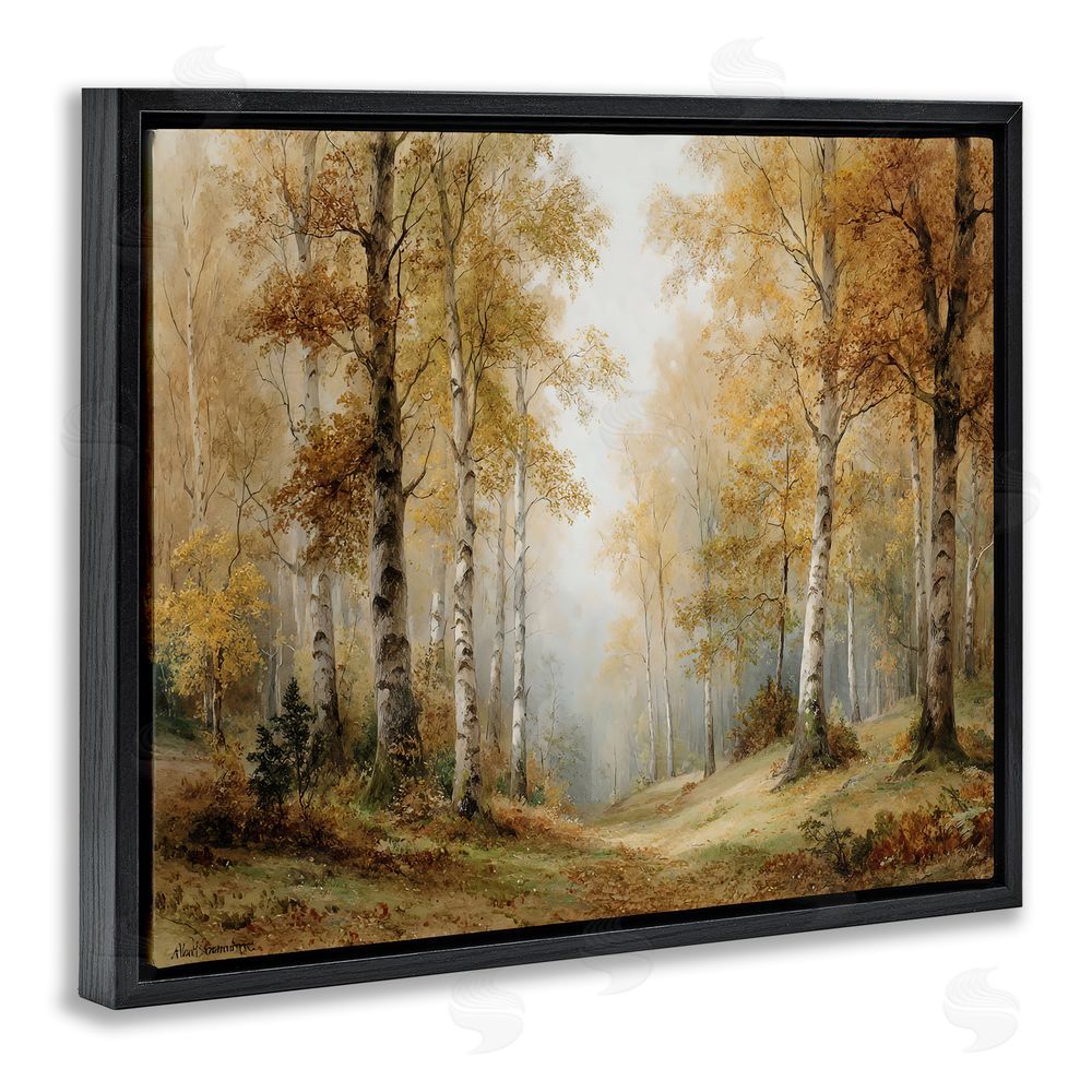 LSR Design Studio Birch Forest Pathway Black Floating Frame Canvas Wall Art Print