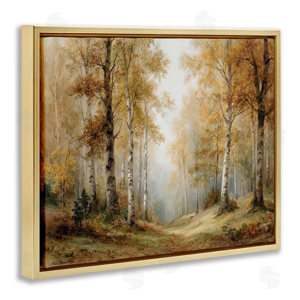 LSR Design Studio Birch Forest Pathway Gold Floating Frame Canvas Wall Art Print