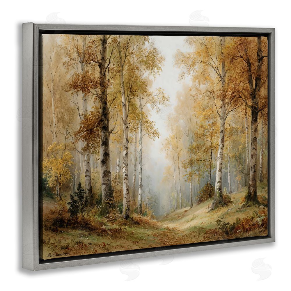 LSR Design Studio Birch Forest Pathway Gray Floating Frame Canvas Wall Art Print