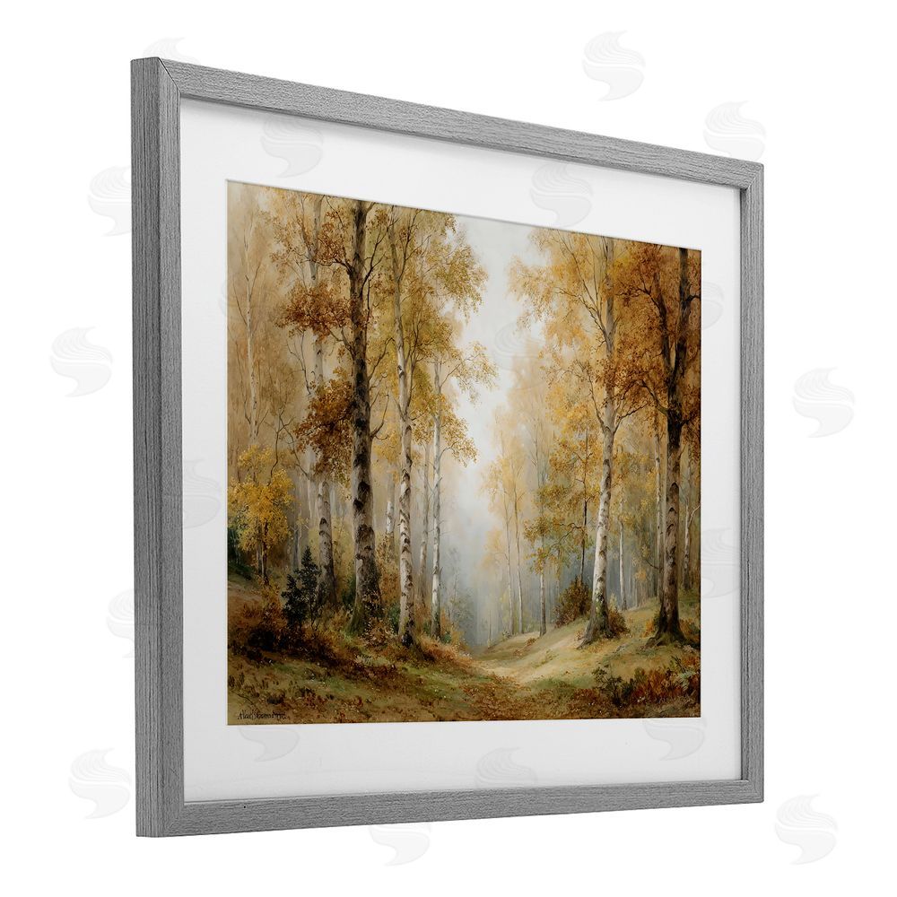 LSR Design Studio Birch Forest Pathway Gray Framed Print Under Glass with White Mat Wall Art