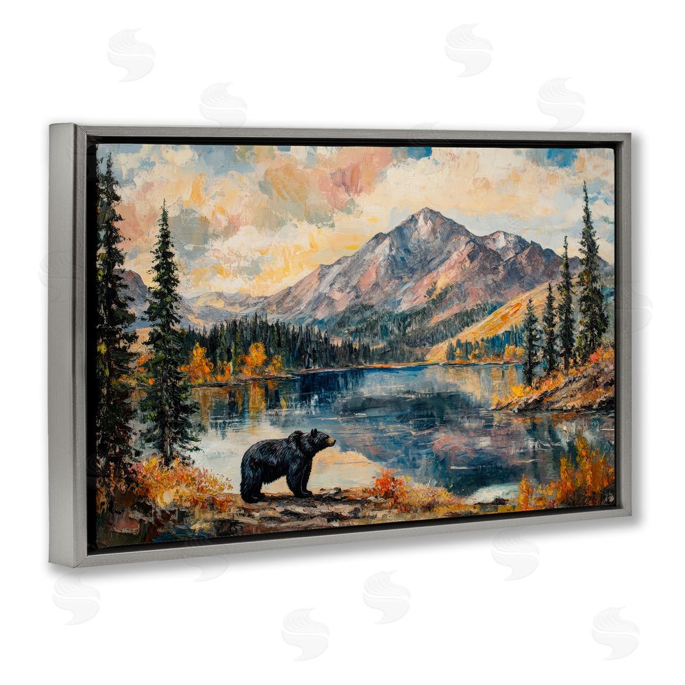 Petal Prints Design Mountain Bear Viewpoint Gray Floating Frame Canvas Wall Art Print