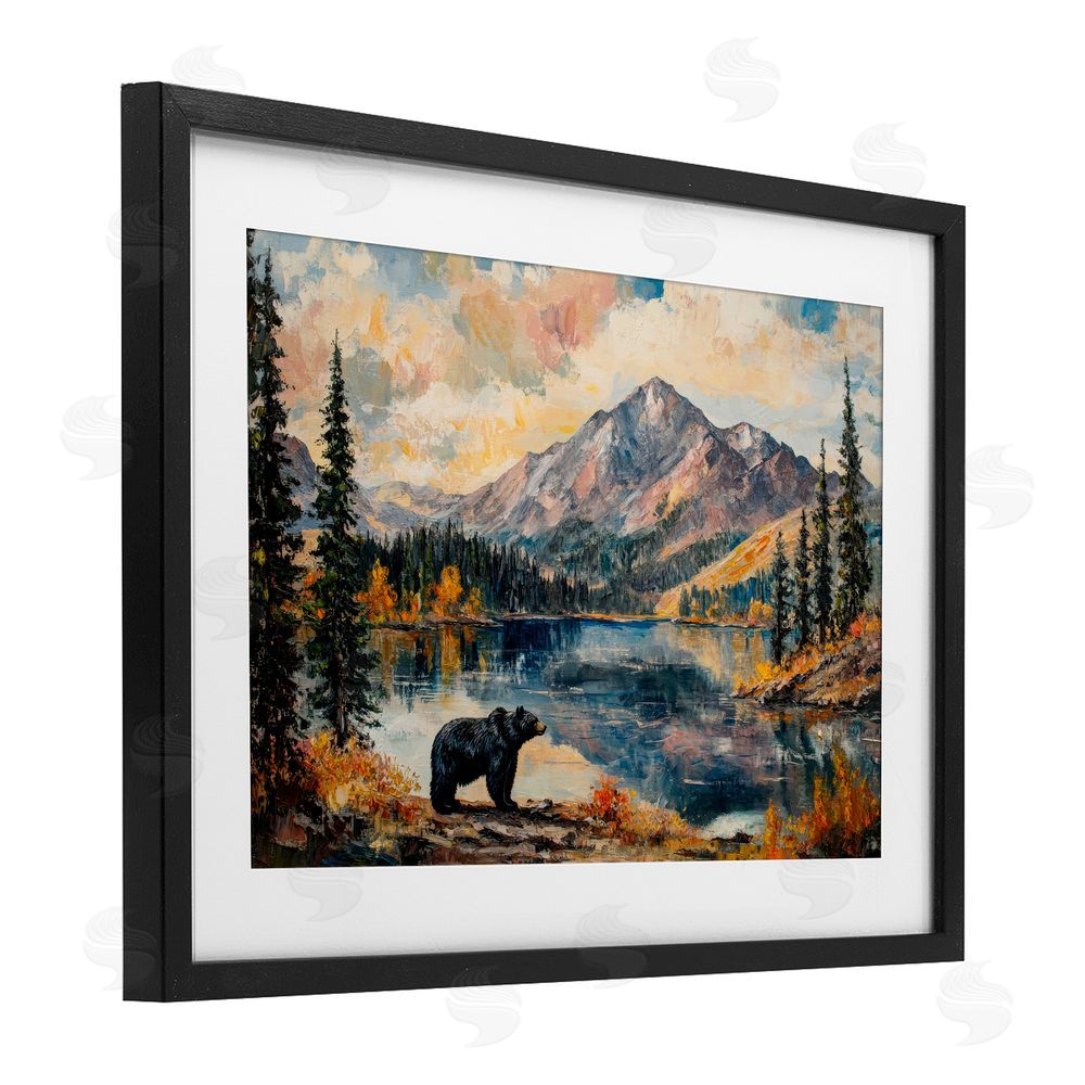 Petal Prints Design Mountain Bear Viewpoint Black Framed Print Under Glass with White Mat Wall Art