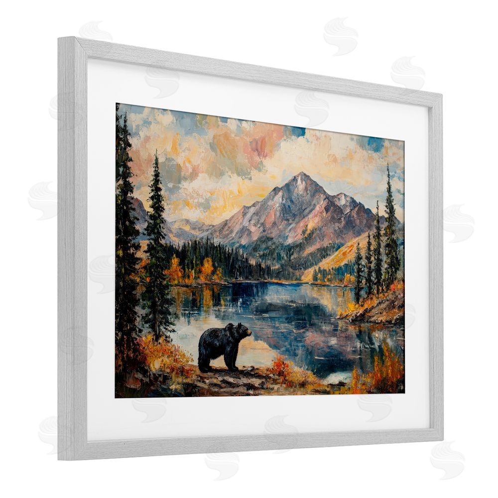 Petal Prints Design Mountain Bear Viewpoint Gray Framed Print Under Glass with White Mat Wall Art